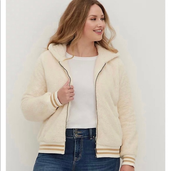 Ivory Sherpa Varsity Bomber Jacket! NWT - Picture 2 of 3